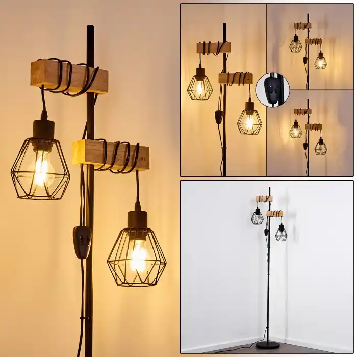Barbengo Lámpara de Pie Madera clara, Negro, 2 luces Entrega Rápida