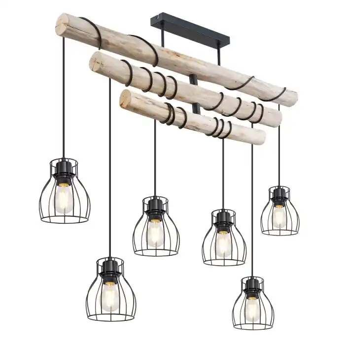 Compra Hoy Globo MINA Lámpara de Techo Madera clara, Negro, 6 luces
