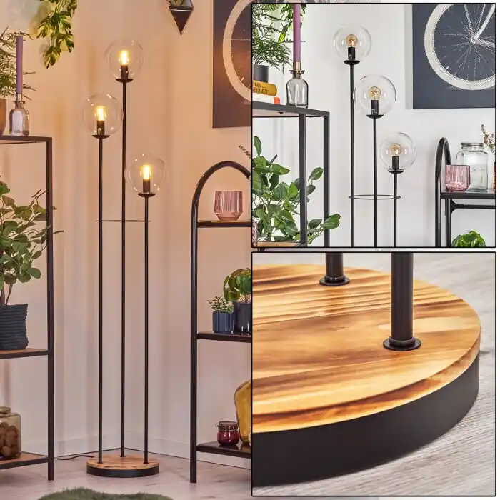 Gastor Lámpara de pie 30 cm Madera clara, Negro, 3 luces Popular