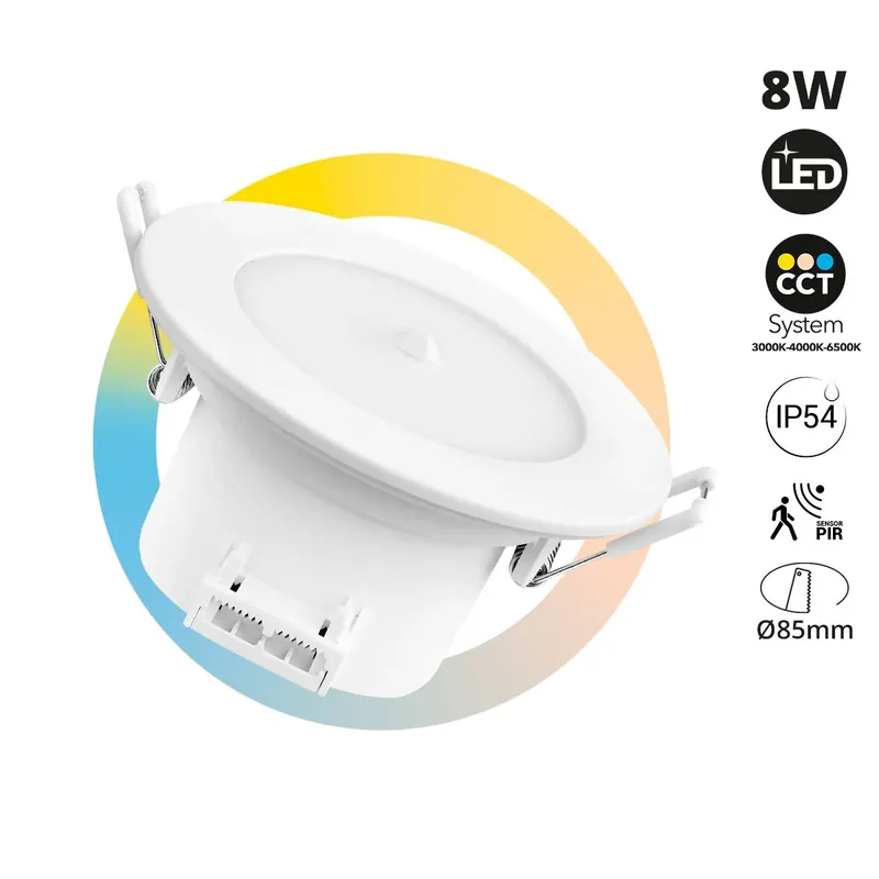Downlight LED con sensor PIR "CLIO" - 8W - CCT - 700lm - Corte Ø85mm - IP54 Precio Rebajado
