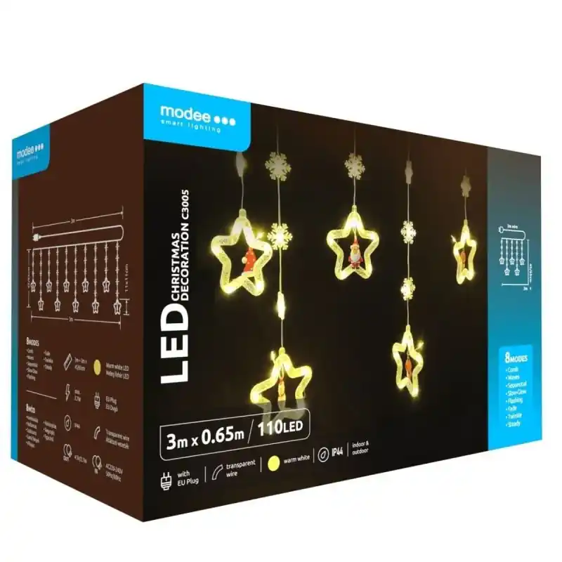 Pago Seguro Modee | Luces de Navidad Cadena de Luz LED | 3m | 110 Luces con 8 Etapas de Luz | IP44 | Luz Blanca Cálida