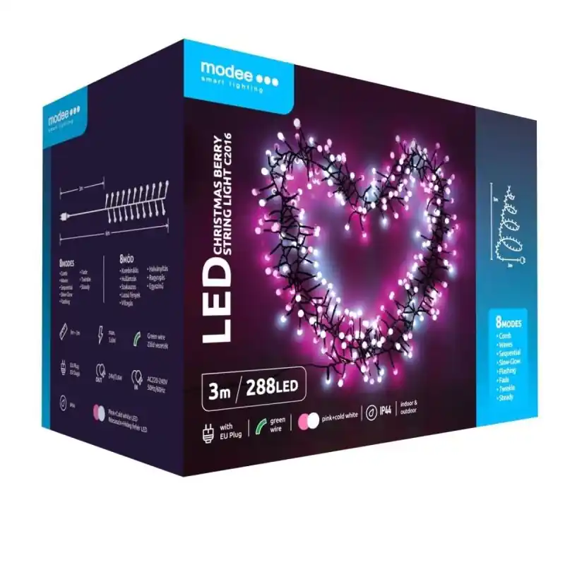 Bestseller Modee | Luces de Navidad Cadena de luces LED | 3m | 288 Luces con 8 modos de Luz| IP44 | Luz Rosa y Blanca Fría
