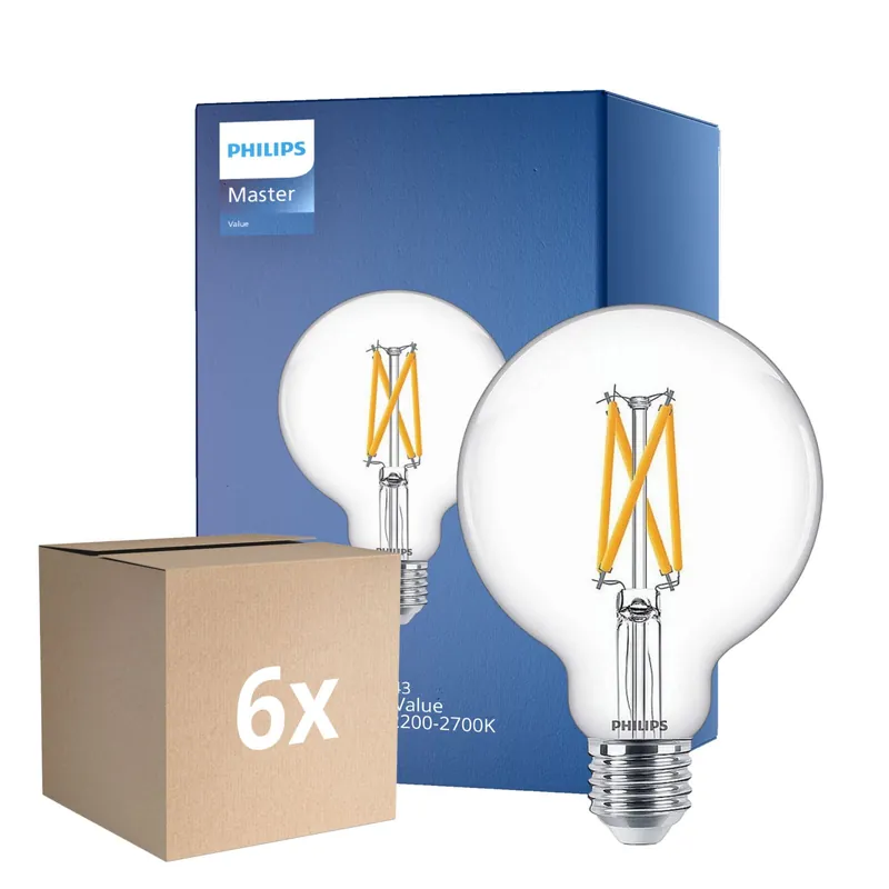 Gran Oferta Multipack 6x Philips MASTER Value LED Globe E27 93mm Con Filamento Clara 5.9W 806lm - 922-927 Luz Muy Cálida | Mejor Reproducción De Color - Regulable - Reemplazo 60W