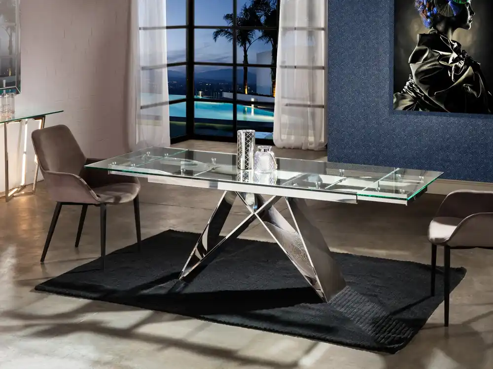 Económico Mesa de comedor Schuller Mika alto brillo acero inoxidable extensible 160x75cm